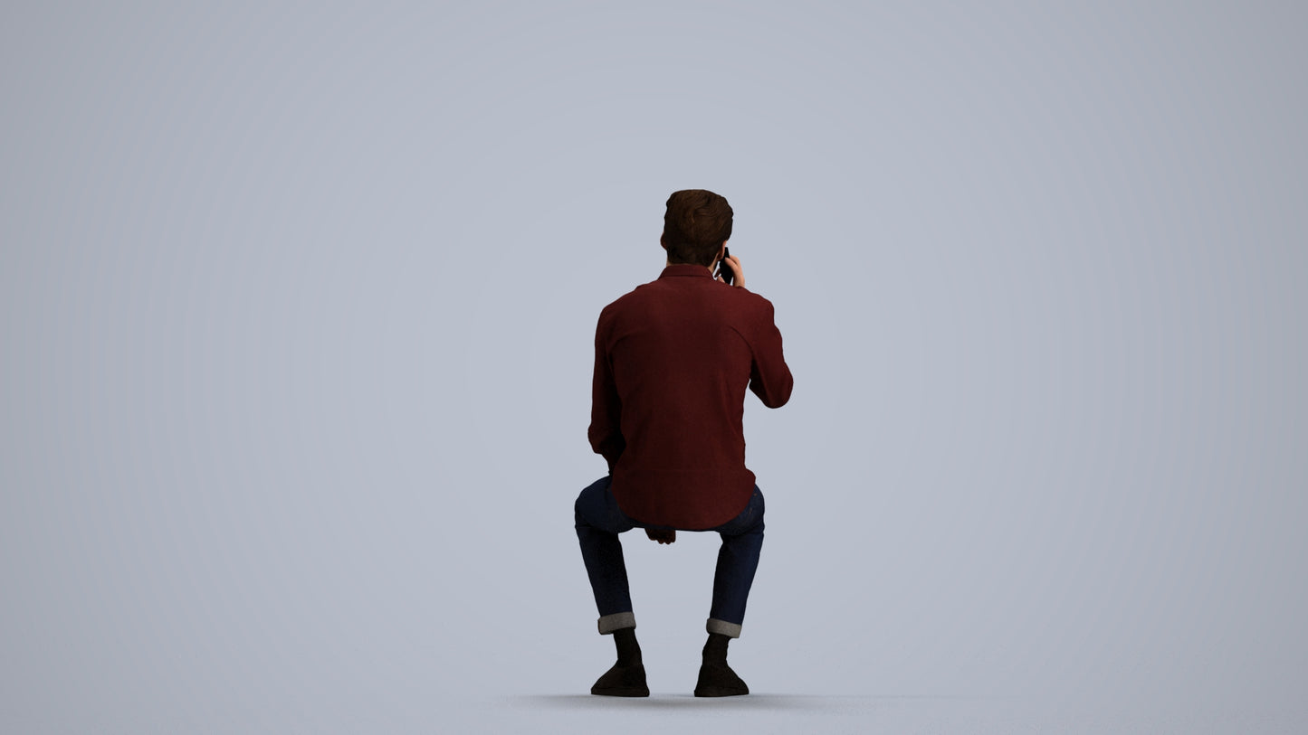 3D people model man casual sitting, scanned human for 3ds Max rendering, front view render