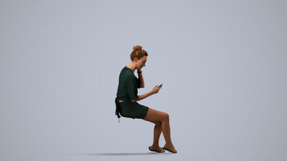 3D human model woman casual sitting, photogrammetry scanned person for archviz, side view render
