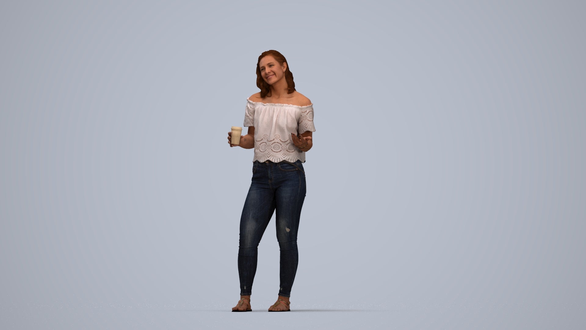 realistic 3D human woman casual standing, archviz people FBX OBJ for Blender, top-down view render