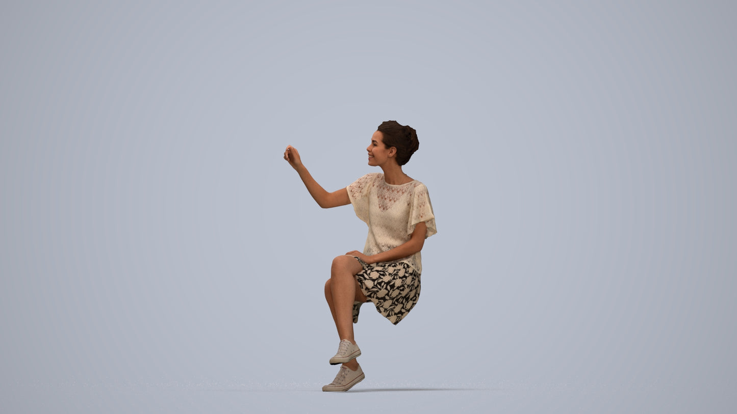 3D human model woman casual sitting, photogrammetry scanned person for archviz, top-down view render