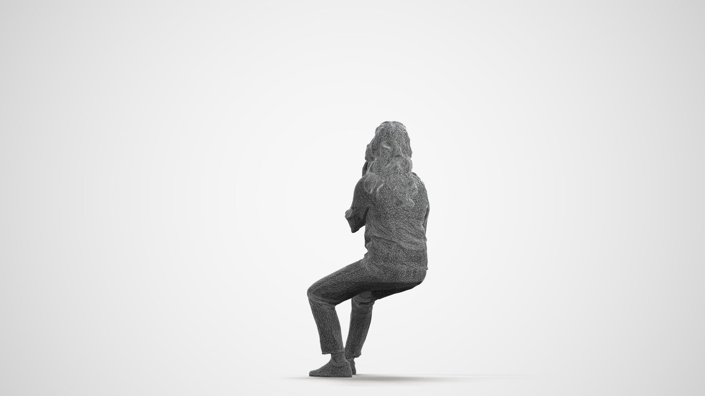 3D people model woman casual sitting, scanned human for 3ds Max rendering, wireframe front view