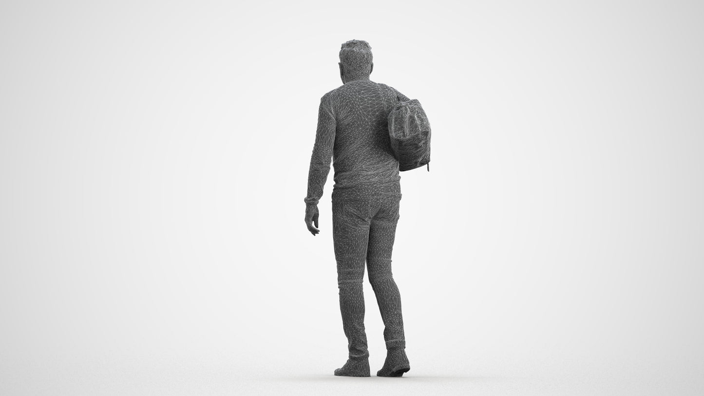 3D people model man casual walking, scanned human for 3ds Max rendering, wireframe front view