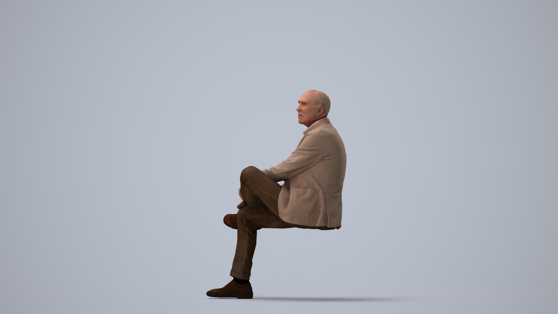 scanned 3D senior man business sitting, photogrammetry people for Enscape and V-Ray, three-quarter view render