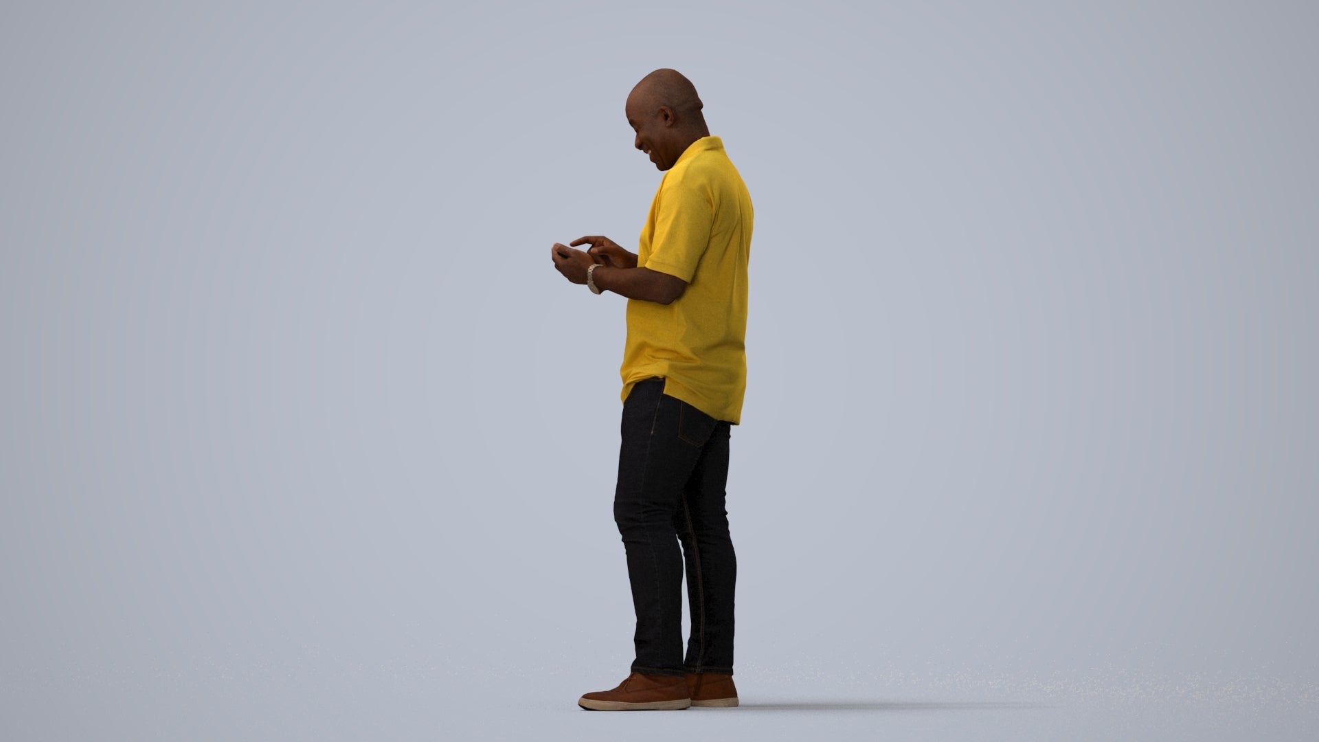 3D human model man casual standing, photogrammetry scanned person for archviz, three-quarter view render