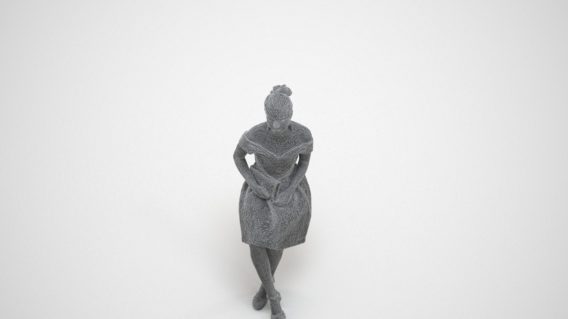 3D human model woman formal, photogrammetry scanned person for archviz, wireframe three-quarter view