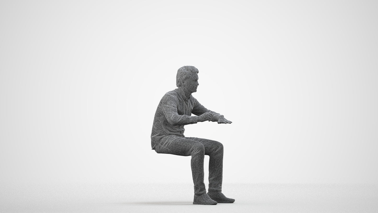 3D people model man casual sitting, scanned human for 3ds Max rendering, wireframe side view