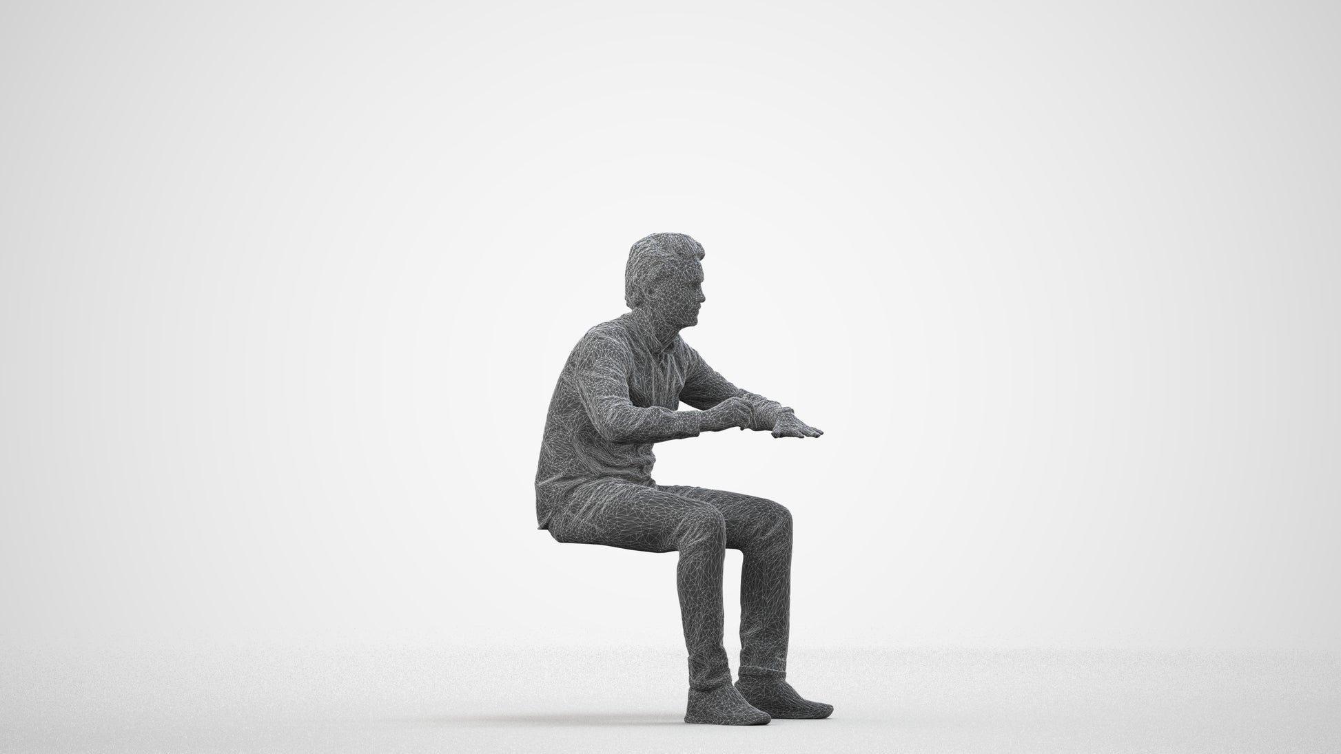3D people model man casual sitting, scanned human for 3ds Max rendering, wireframe side view