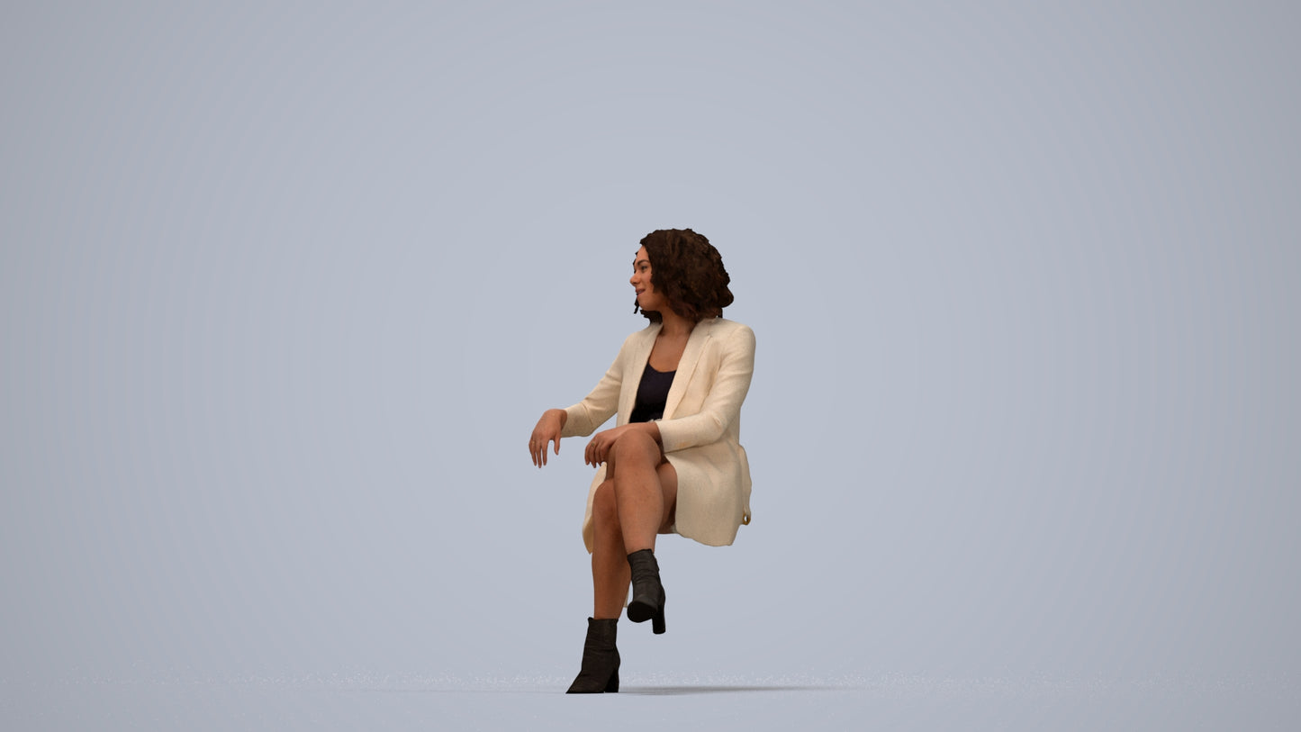 photogrammetry 3D woman business sitting, realistic human model archviz FBX, top-down view render