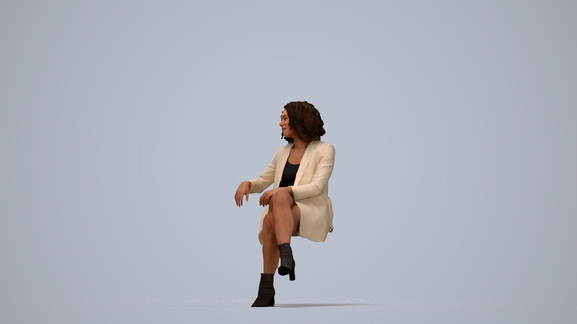 photogrammetry 3D woman business sitting, realistic human model archviz FBX, top-down view render