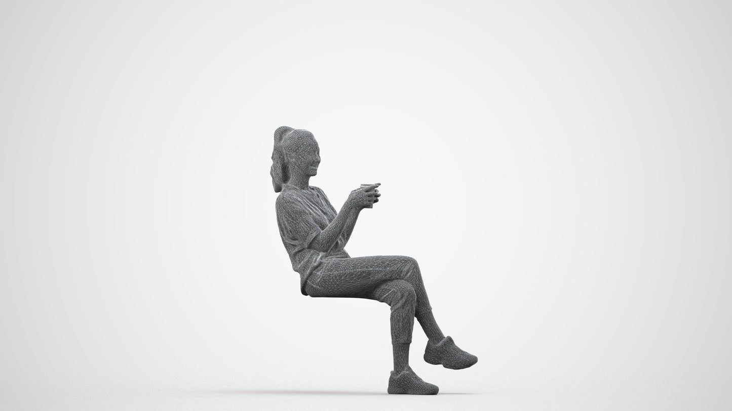 realistic 3D woman casual sitting, scanned archviz people for Blender and 3ds Max, wireframe side view