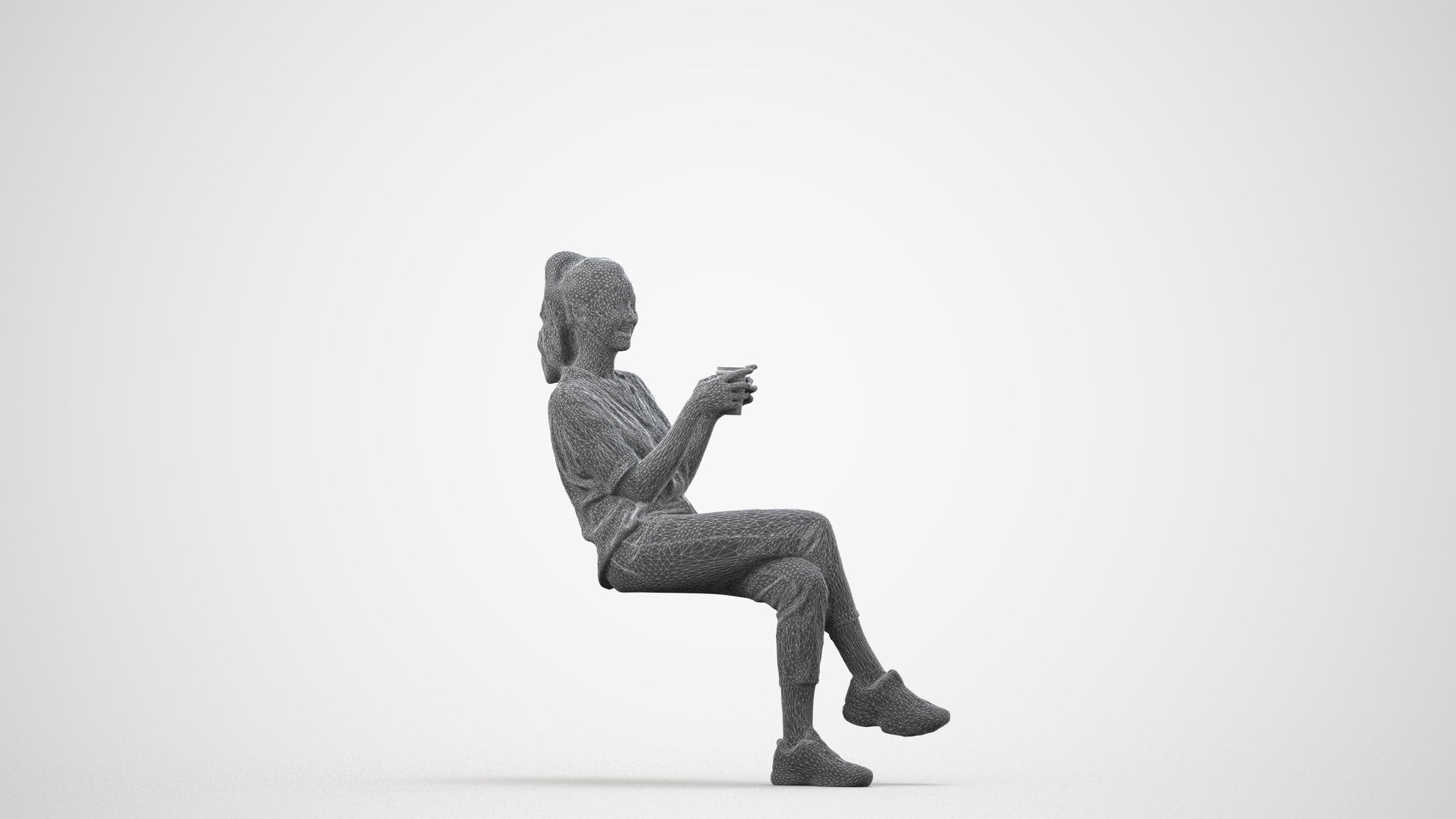 realistic 3D woman casual sitting, scanned archviz people for Blender and 3ds Max, wireframe side view