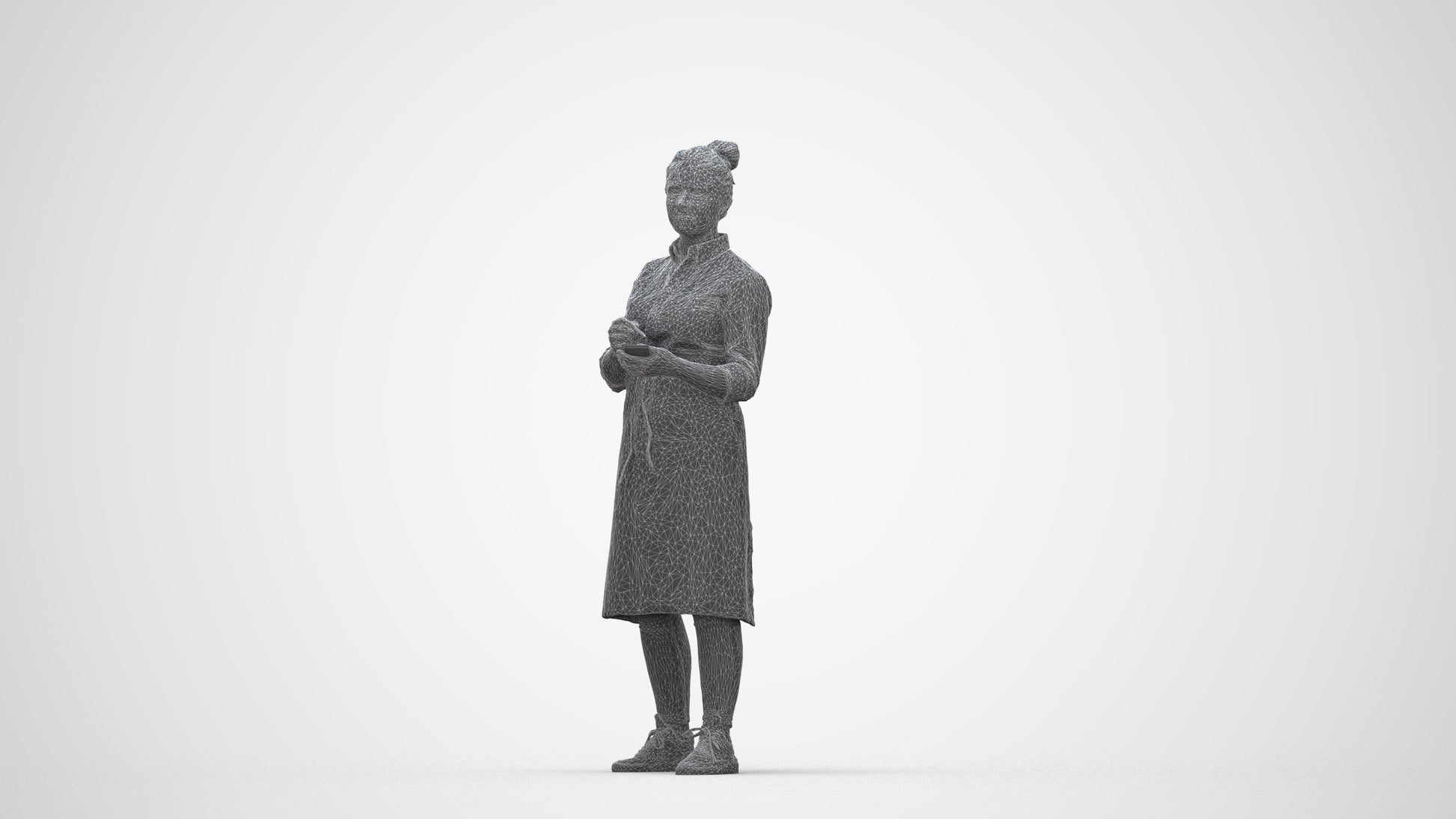 3D human model woman standing, photogrammetry scanned person for archviz, wireframe back view