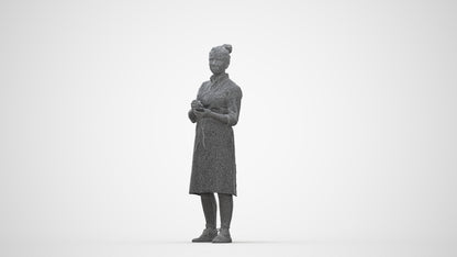 3D human model woman standing, photogrammetry scanned person for archviz, wireframe back view