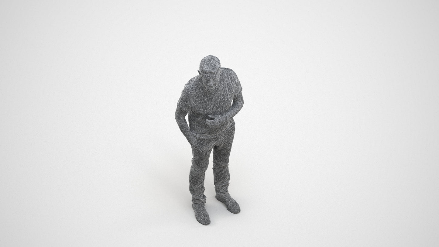 3D human model senior man casual standing, photogrammetry scanned person for archviz, wireframe three-quarter view