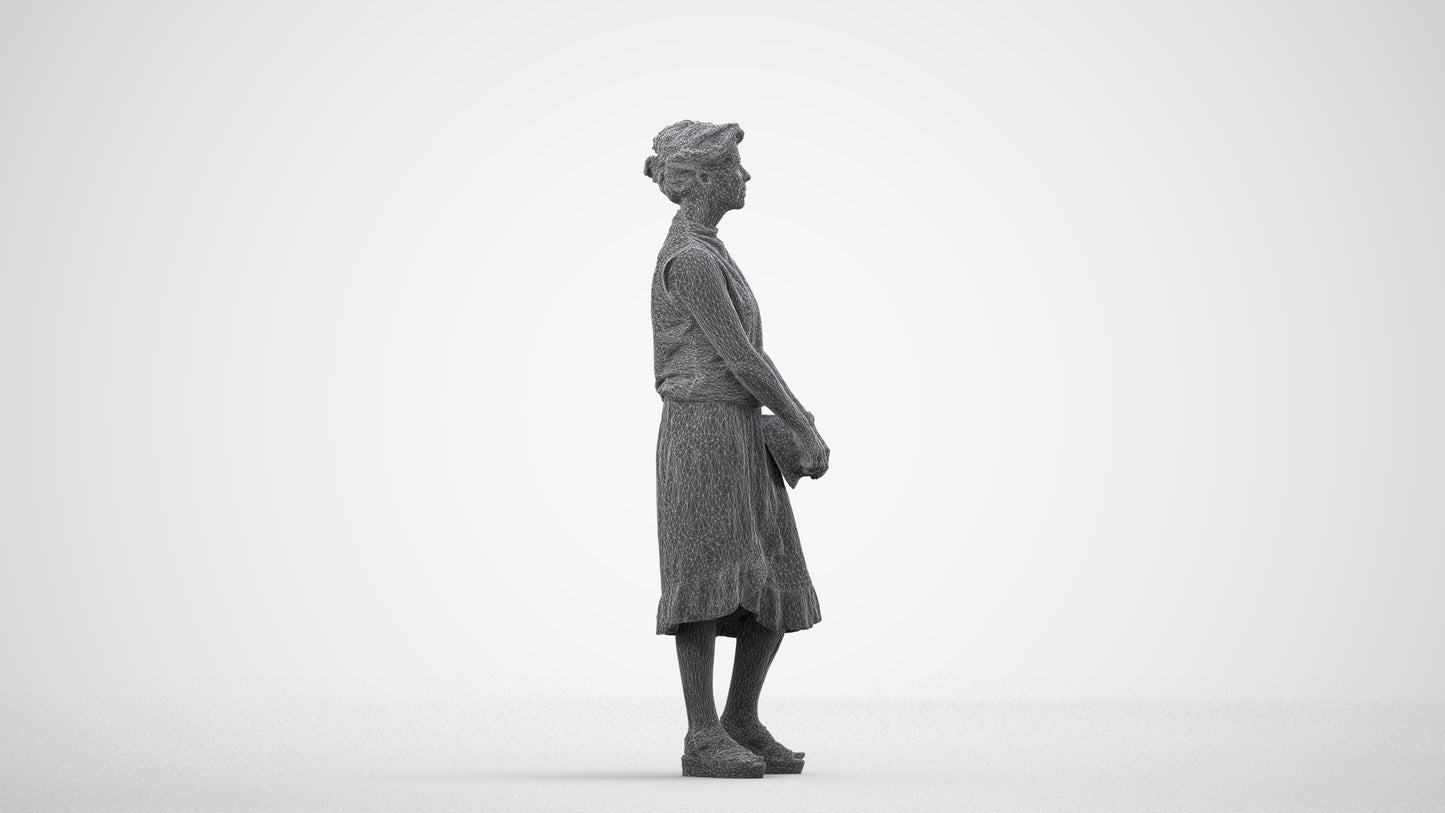 3D human model woman casual standing, photogrammetry scanned person for archviz, wireframe side view