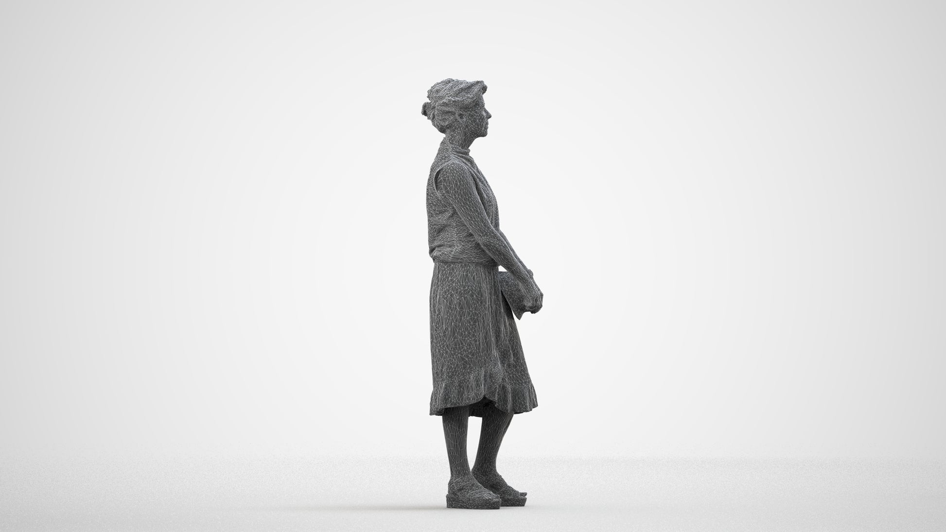 3D human model woman casual standing, photogrammetry scanned person for archviz, wireframe side view