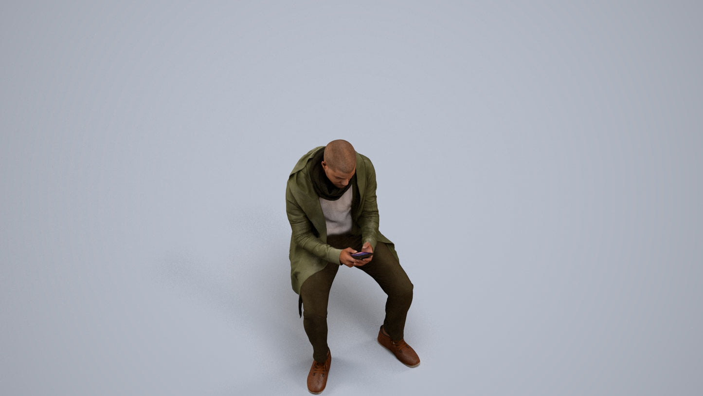 realistic 3D man casual sitting, scanned archviz people for Blender and 3ds Max, back view render