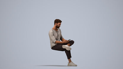 3D human model man casual sitting, photogrammetry scanned person for archviz, side view render