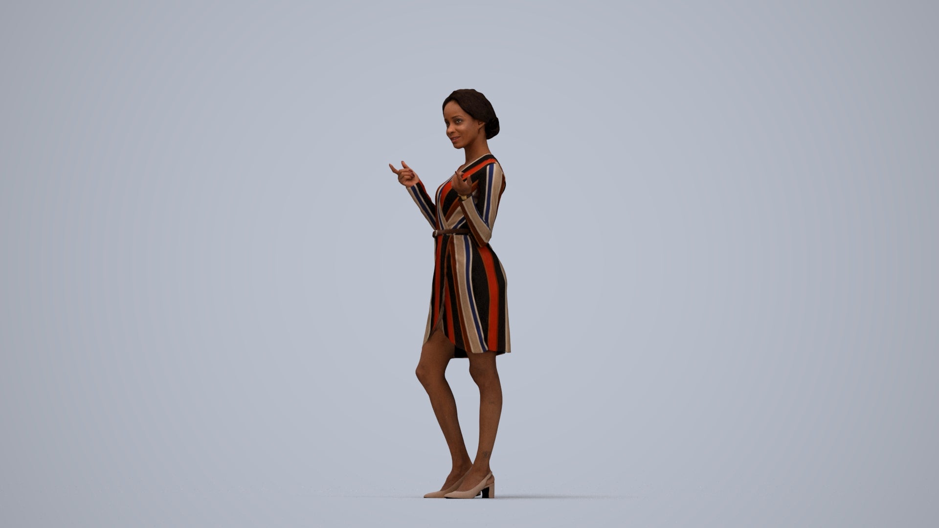 3D human model woman casual standing, photogrammetry scanned person for archviz, top-down view render