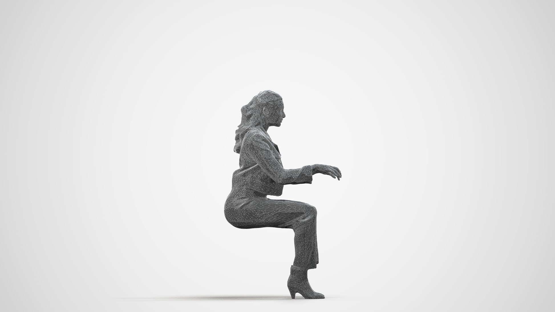 3D human model woman business sitting, photogrammetry scanned person for archviz, wireframe side view