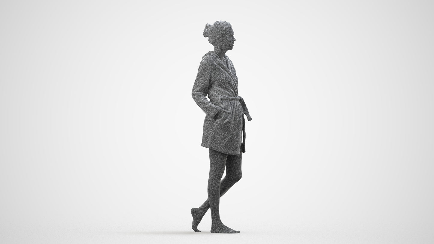 realistic 3D woman bathroom, scanned archviz people for Blender and 3ds Max, wireframe side view