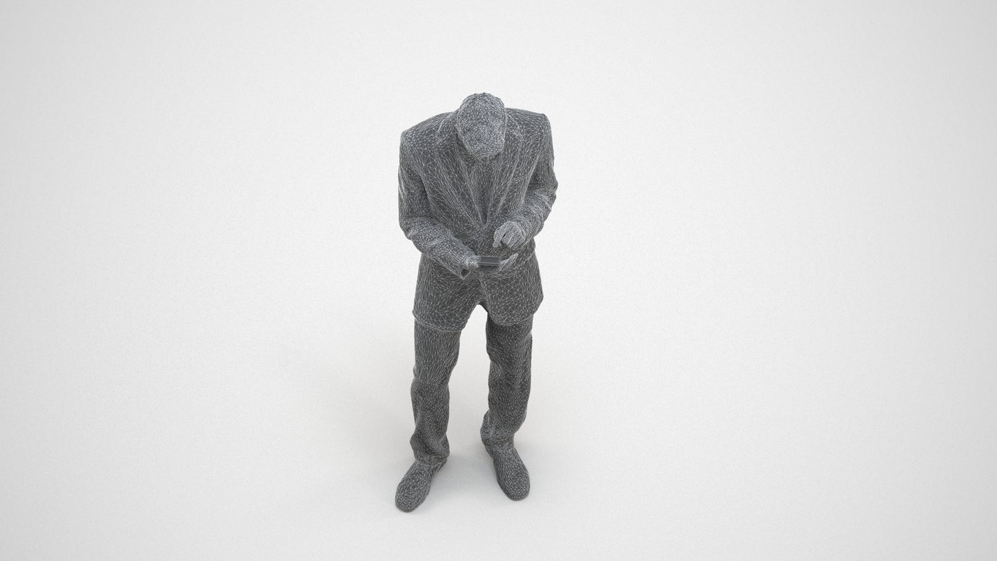 realistic 3D human man business, archviz people FBX OBJ for Blender, wireframe three-quarter view