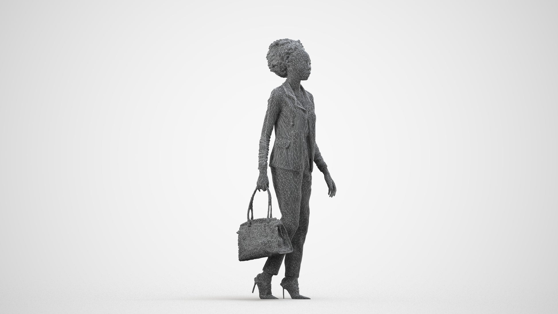 realistic 3D woman business walking, scanned archviz people for Blender and 3ds Max, wireframe side view