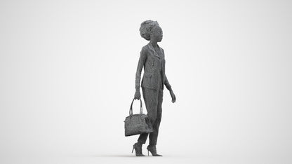 realistic 3D woman business walking, scanned archviz people for Blender and 3ds Max, wireframe side view