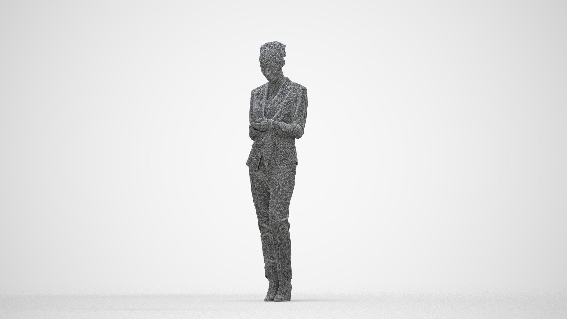3D human model woman business standing, photogrammetry scanned person for archviz, wireframe back view