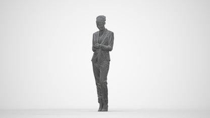 3D human model woman business standing, photogrammetry scanned person for archviz, wireframe back view