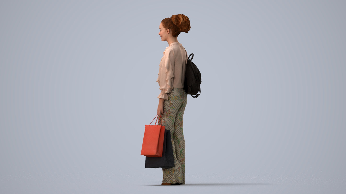 realistic 3D human woman casual shopping, archviz people FBX OBJ for Blender, three-quarter view render