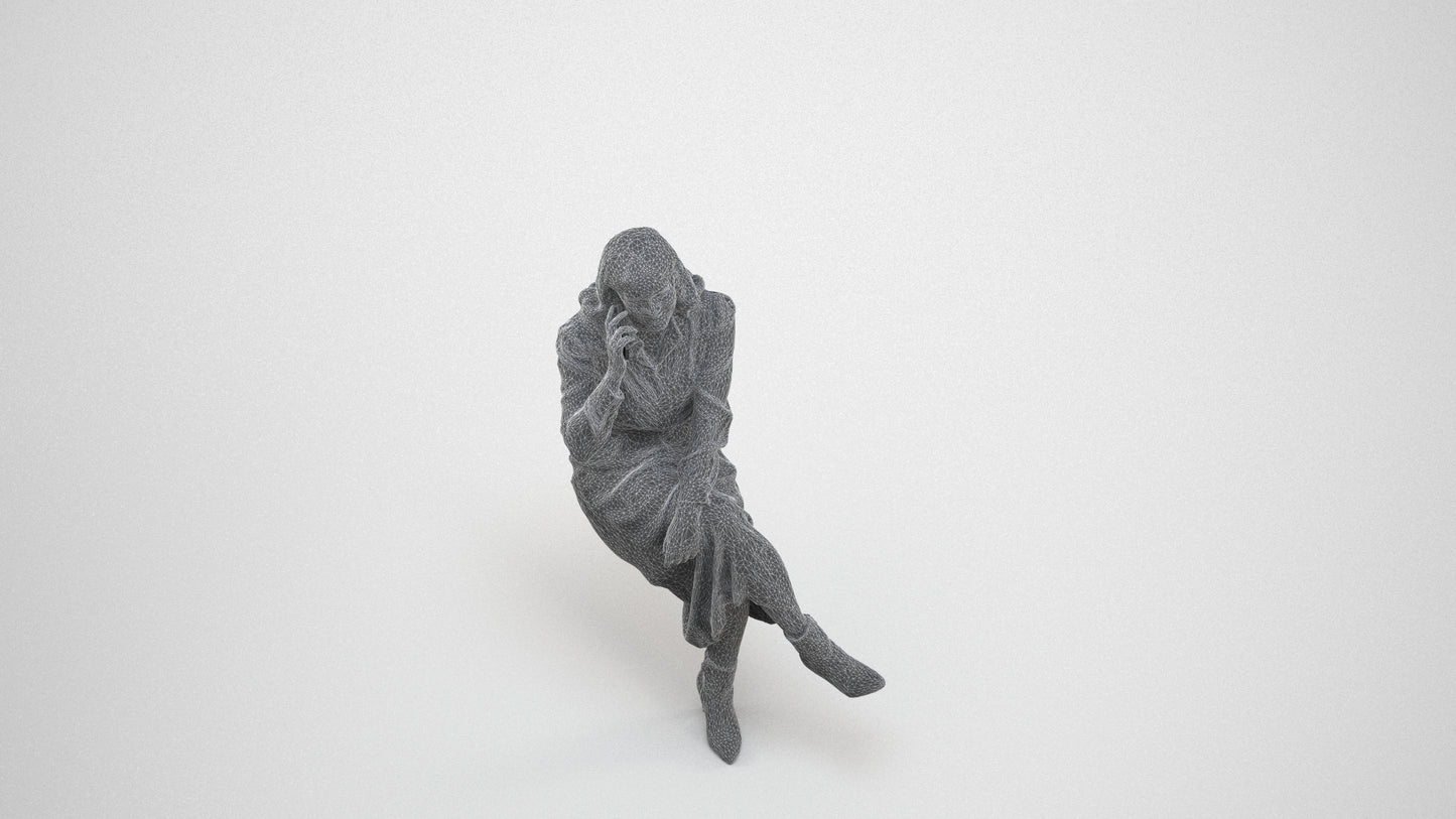 3D scanned woman sitting casual, photorealistic archviz people for Enscape and SketchUp, wireframe three-quarter view