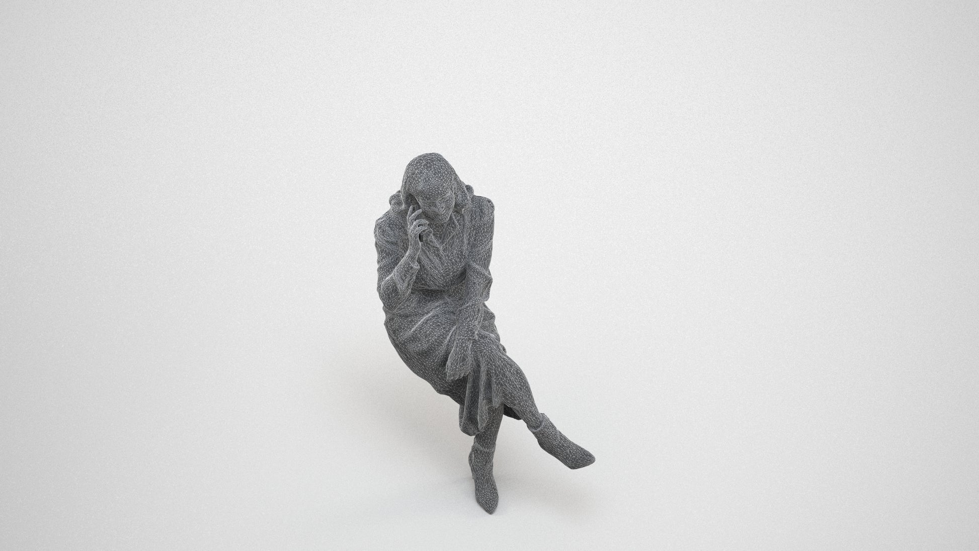 3D scanned woman sitting casual, photorealistic archviz people for Enscape and SketchUp, wireframe three-quarter view