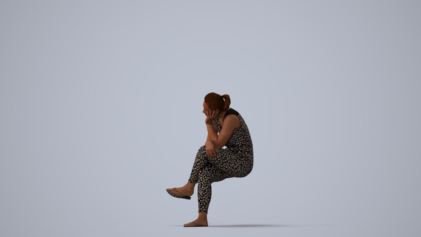 realistic 3D woman casual sitting, scanned archviz people for Blender and 3ds Max, three-quarter view render