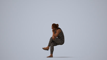 realistic 3D woman casual sitting, scanned archviz people for Blender and 3ds Max, three-quarter view render