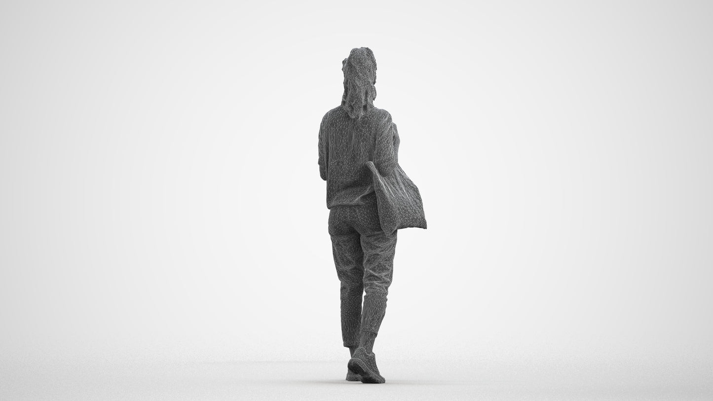 scanned 3D woman casual walking, photogrammetry people for Enscape and V-Ray, wireframe front view