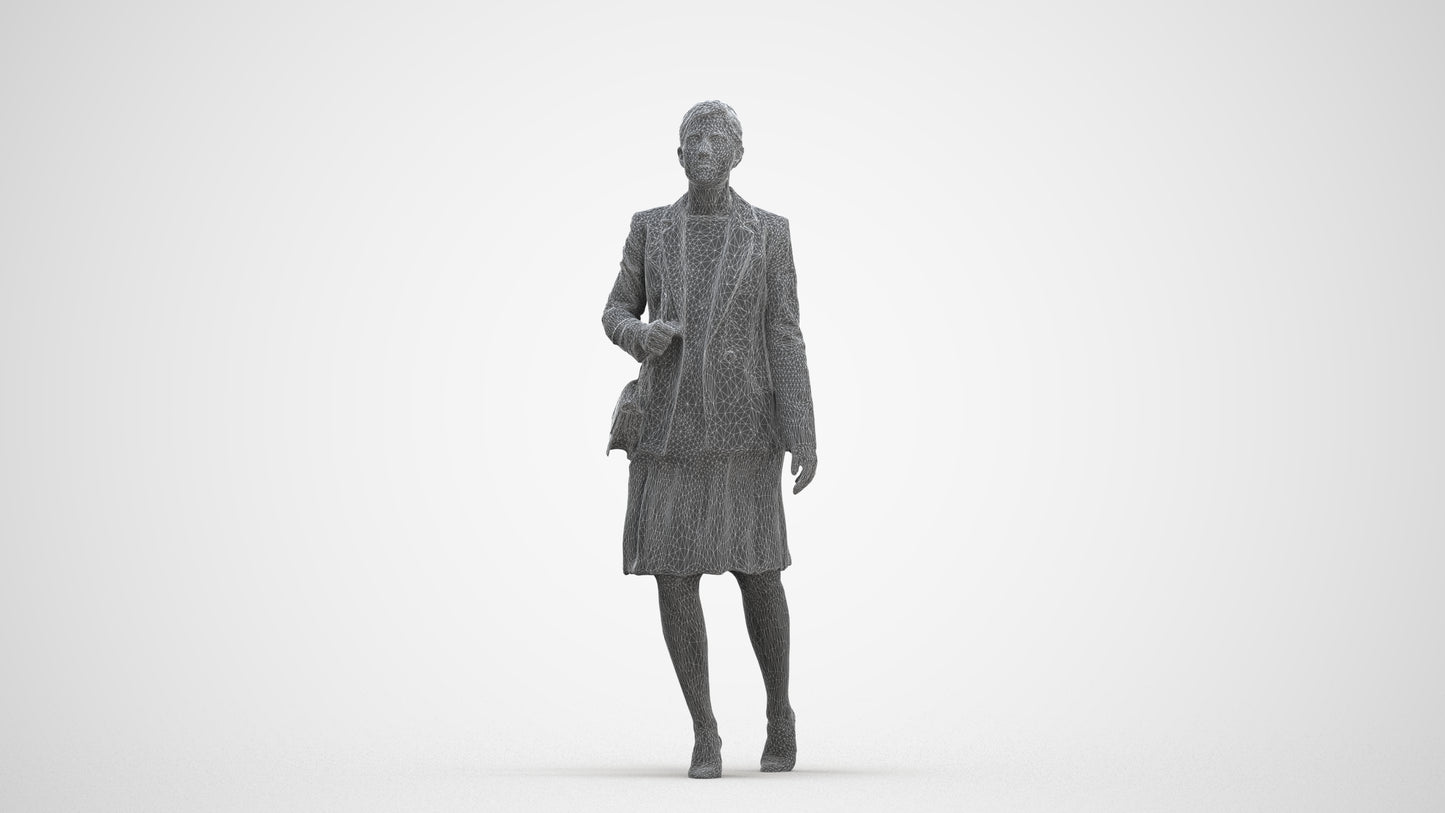 photogrammetry 3D woman business walking, realistic human model archviz FBX, three-quarter front view render