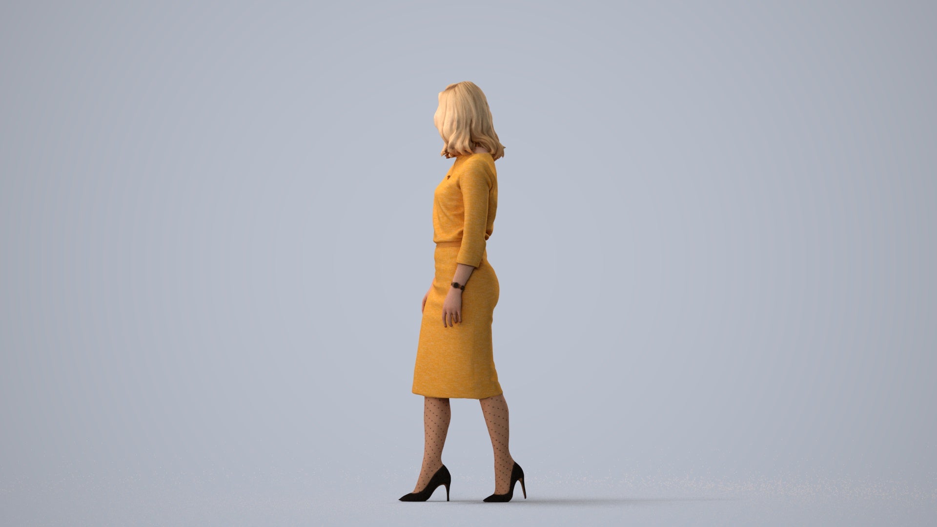 realistic 3D woman business standing, scanned archviz people for Blender and 3ds Max, three-quarter view render