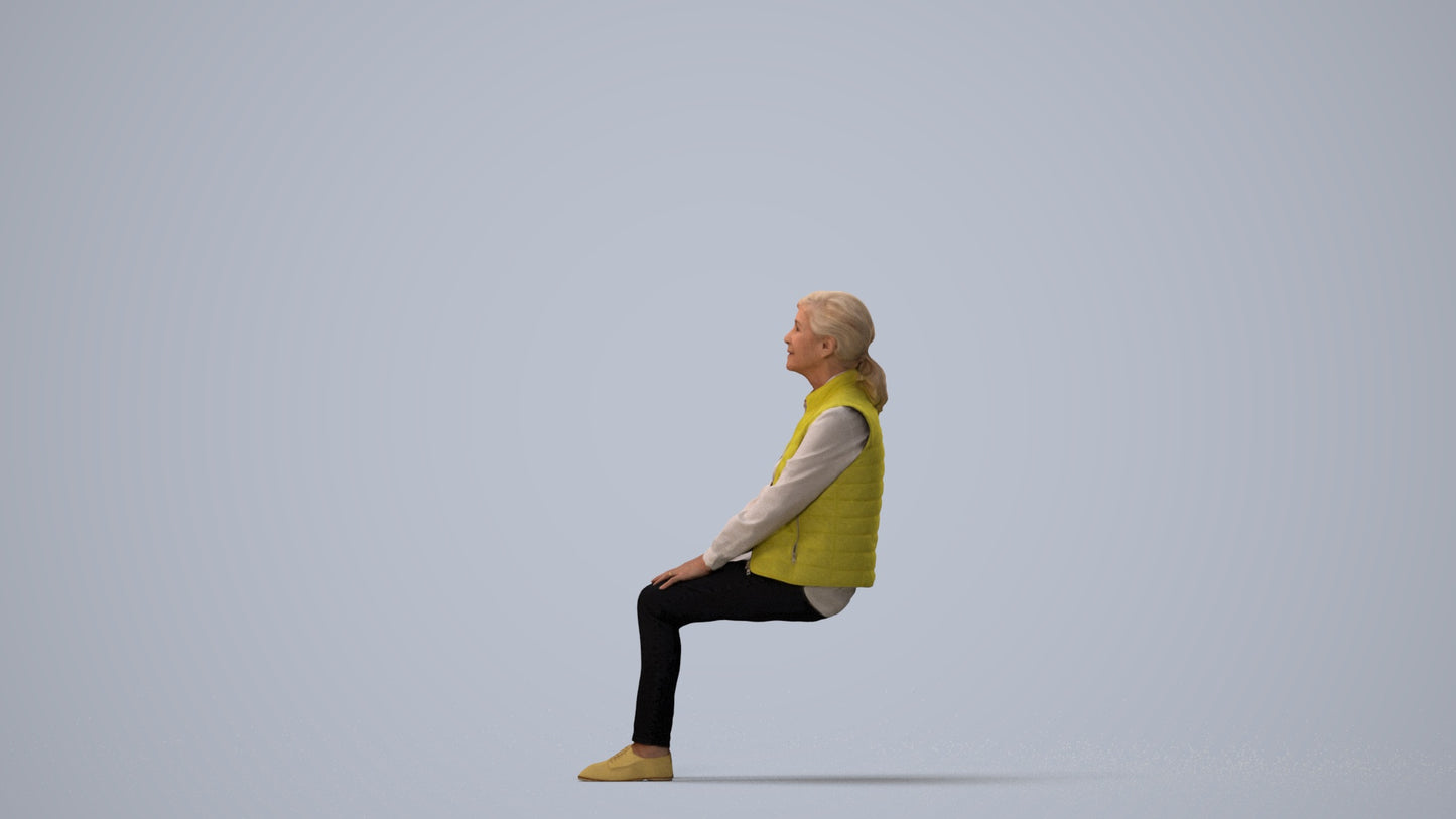 3D people model senior woman casual sitting, scanned human for 3ds Max rendering, three-quarter view render