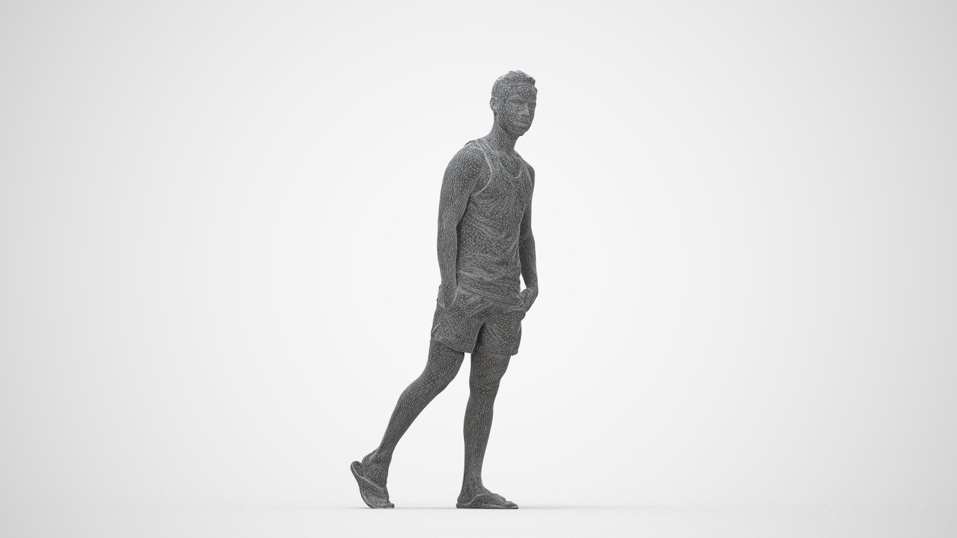 photogrammetry 3D man casual walking, realistic human model archviz FBX, wireframe back view