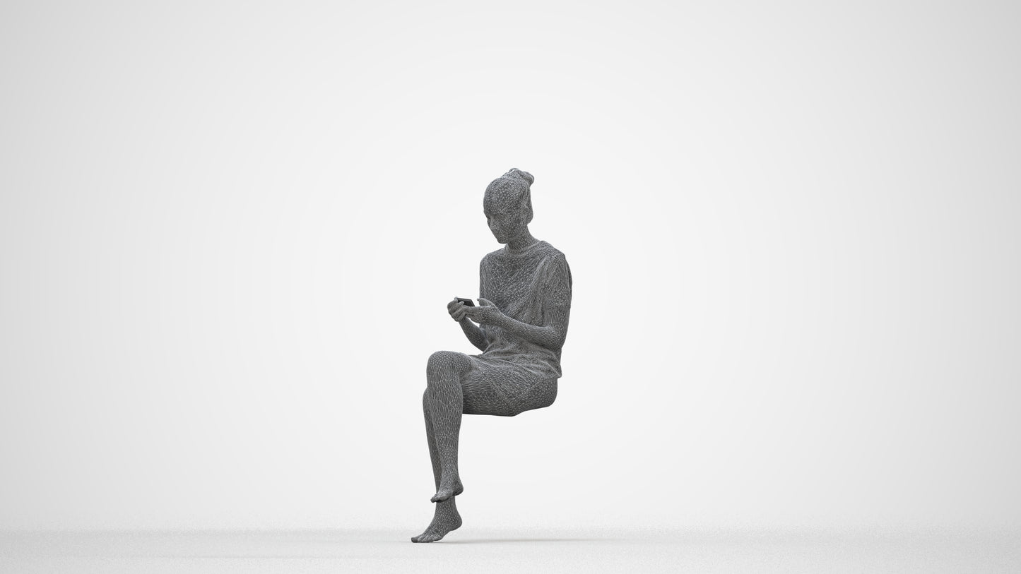 3D scanned woman sitting casual, photorealistic archviz people for Enscape and SketchUp, wireframe back view