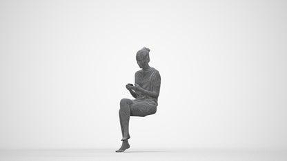 3D scanned woman sitting casual, photorealistic archviz people for Enscape and SketchUp, wireframe back view