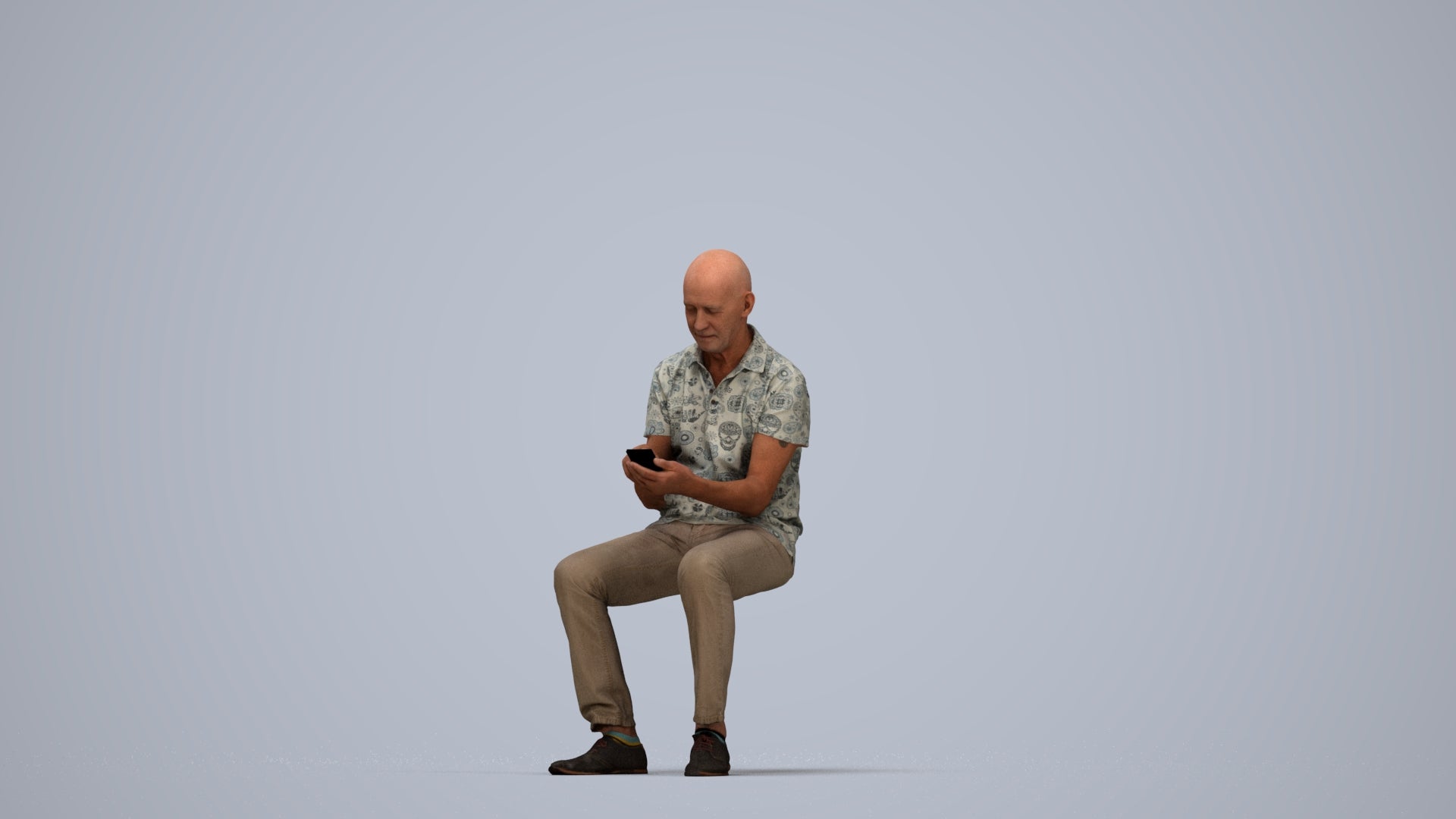 realistic 3D senior man casual sitting, scanned archviz people for Blender and 3ds Max, top-down view render