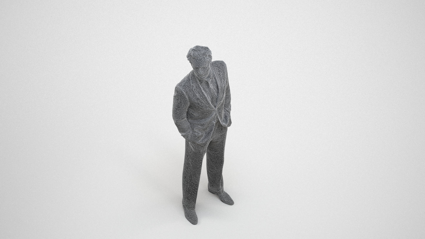 3D scanned man business, photorealistic archviz people for Enscape and SketchUp, wireframe three-quarter view