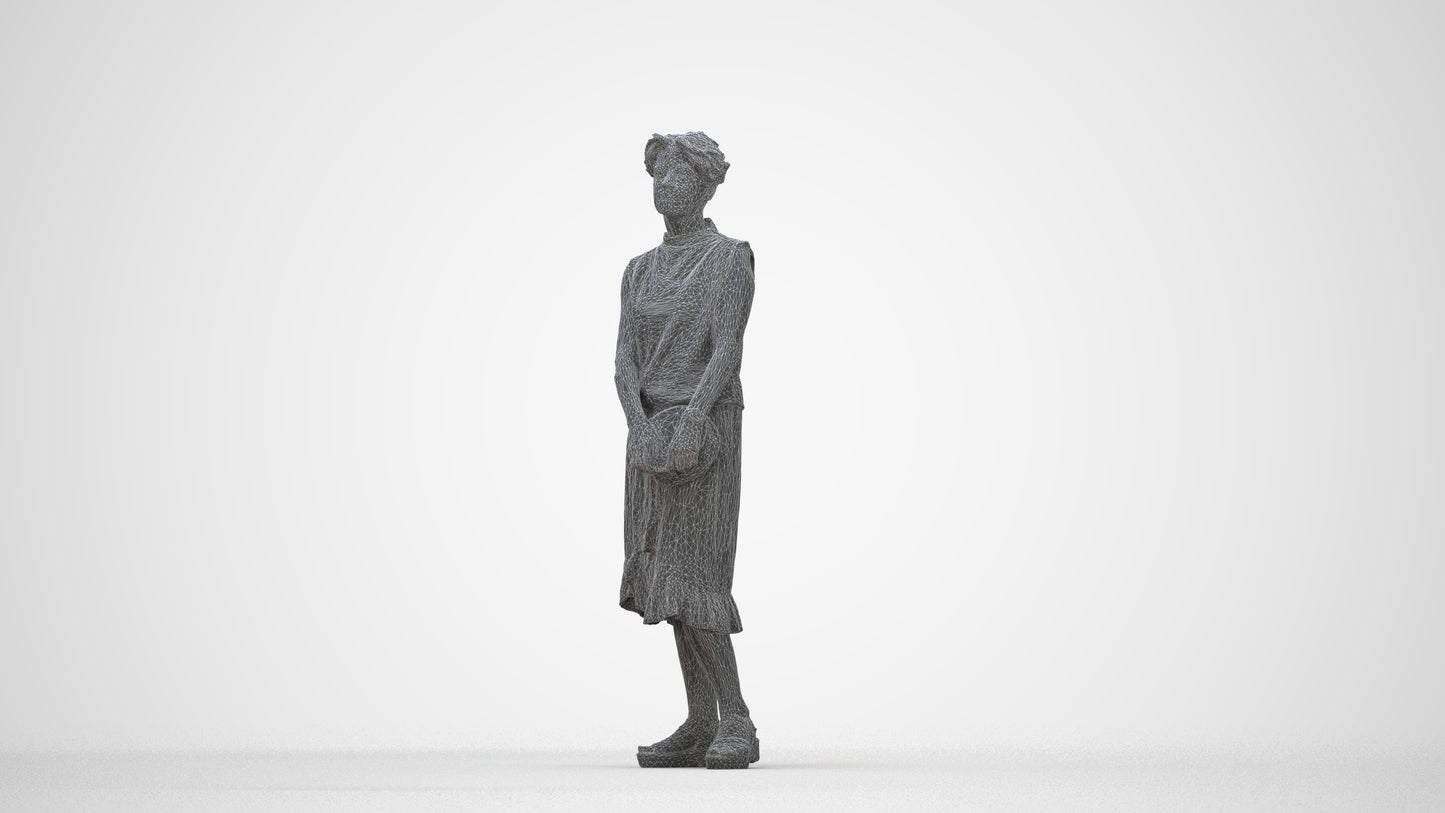 3D human model woman casual standing, photogrammetry scanned person for archviz, wireframe back view