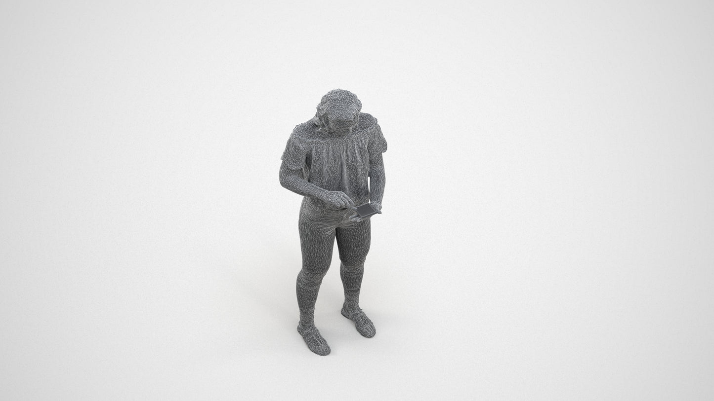 3D human model woman casual standing, photogrammetry scanned person for archviz, wireframe three-quarter view