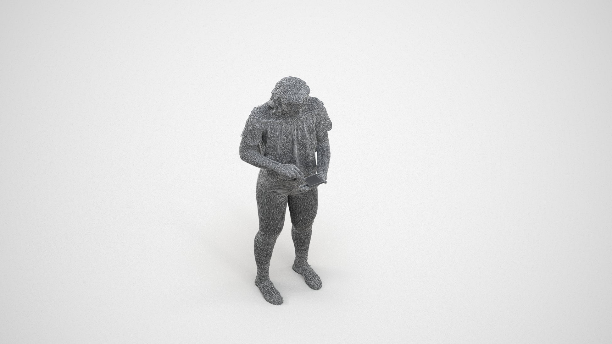 3D human model woman casual standing, photogrammetry scanned person for archviz, wireframe three-quarter view