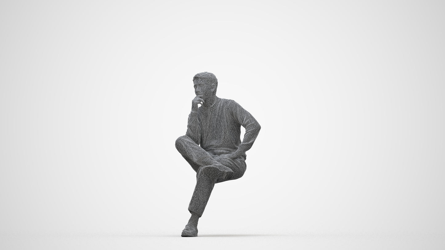 3D human model man casual sitting, photogrammetry scanned person for archviz, wireframe back view