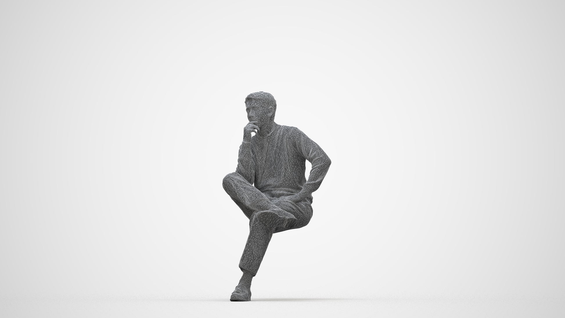 3D human model man casual sitting, photogrammetry scanned person for archviz, wireframe back view