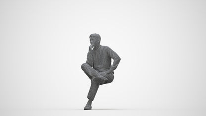 3D human model man casual sitting, photogrammetry scanned person for archviz, wireframe back view